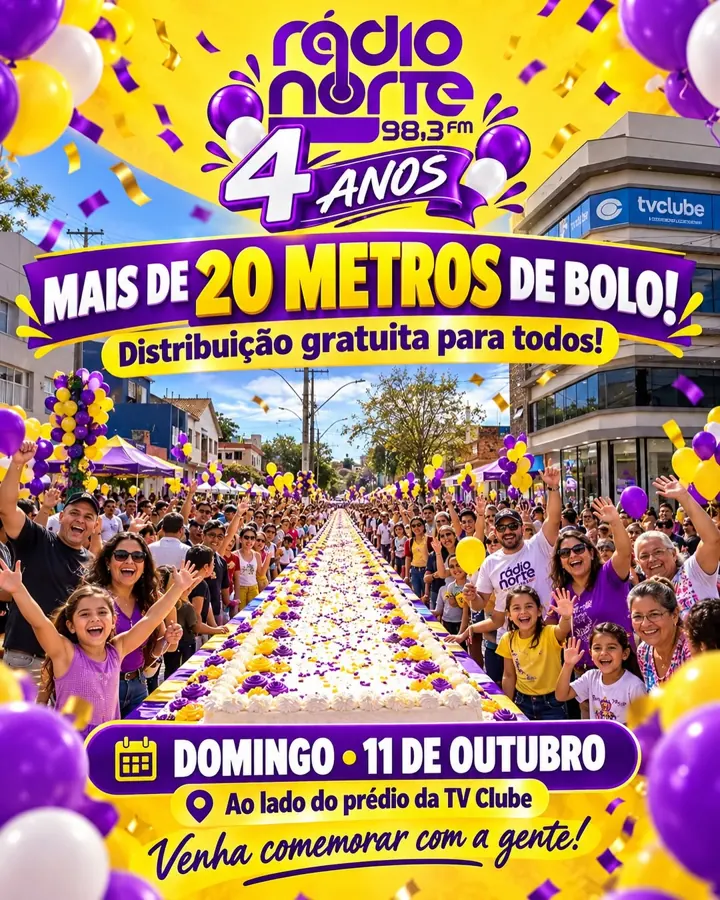 Cartaz do aniversário de 4 anos: mais de 20 metros de bolo